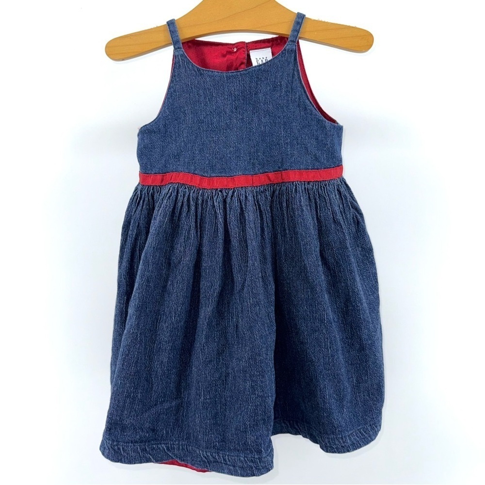 Baby Gap Denim Girls Jumper Dress with Burgundy Trim and Lining